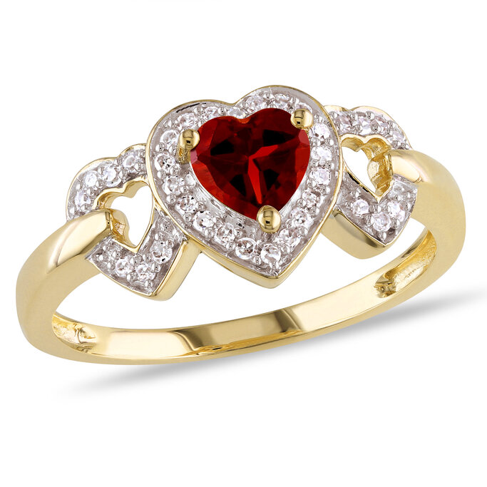 10k Yellow or White Gold Round Garnet Heart Ring 