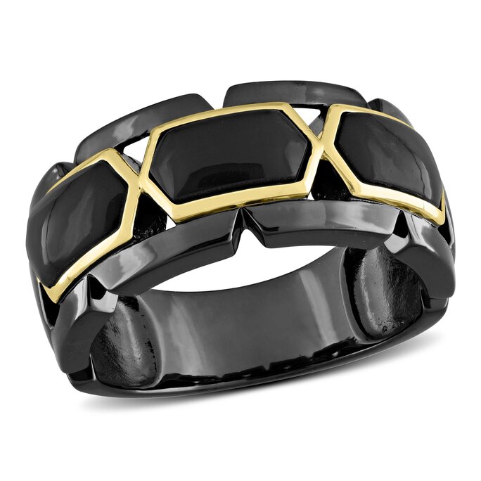 PalmBeach Men's Black Onyx & Diamond Accent Ring - 18k Gold Plated Sterling Silver, Emerald Cut, Sizes 8-13